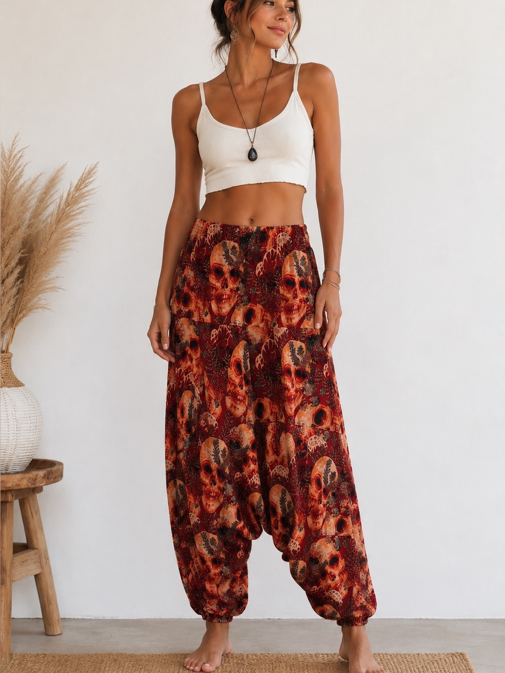 Harem Pants Red Orange Skull Fish Printed Boho Lagenlook Grunge One Size